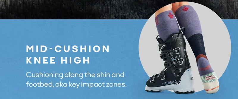 MID-CUSHION KNEE HIGH. Cushioning along the shin and footbed, aka key impact zones.