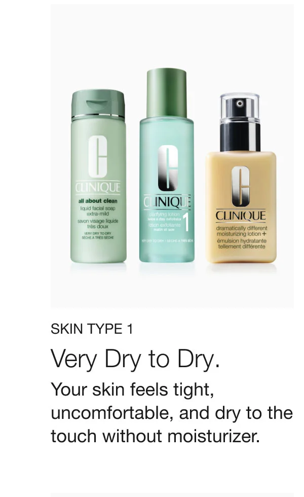 SKIN TYPE 1 Very Dry to Dry. Your skin feels tight, uncomfortable, and dry to the touch without moisturizer.