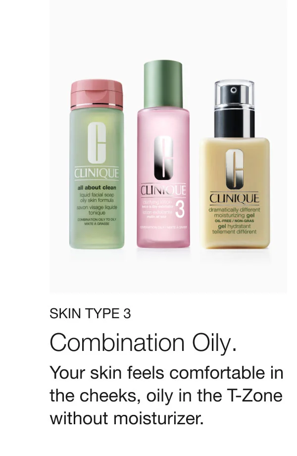 SKIN TYPE 3 Combination Oily. Your skin feels comfortable in the cheeks, oily in the T-Zone without moisturizer.