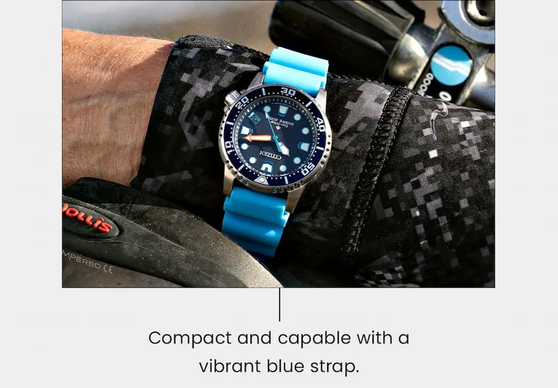 (Image of Promaster Dive 37mm EO2028-06L) Compact and capable with a vibrant blue strap