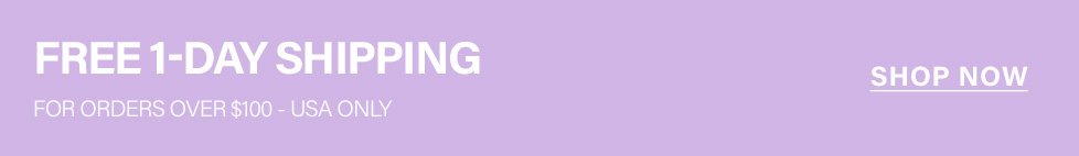 Lavender banner announcing free 1-day shipping for USA orders over $100. Shop now for fast delivery and online shopping deals.