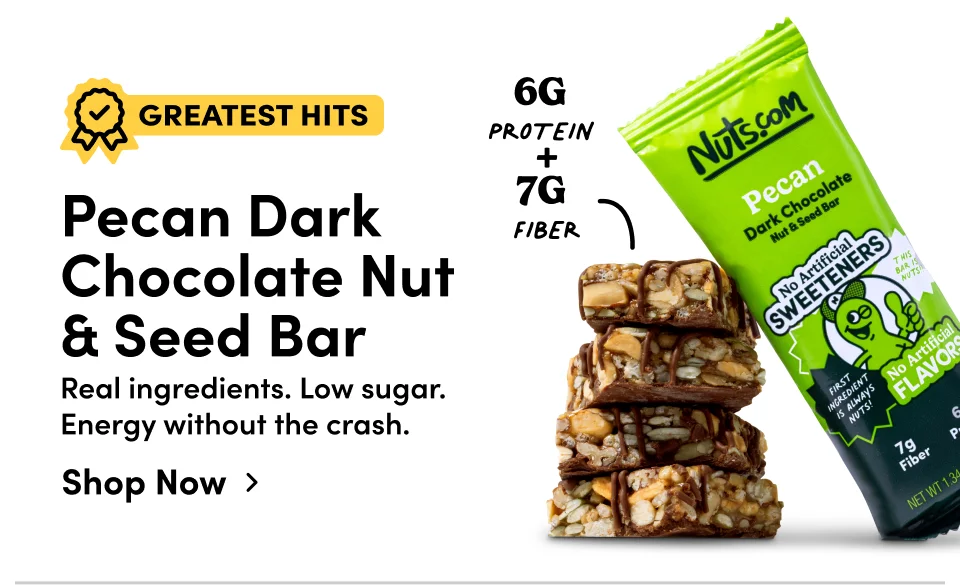 Greatest Hits | Pecan dark chocolate nut & seed bar. Real ingredients. Low sugar. Energy without the cash; Shop now>