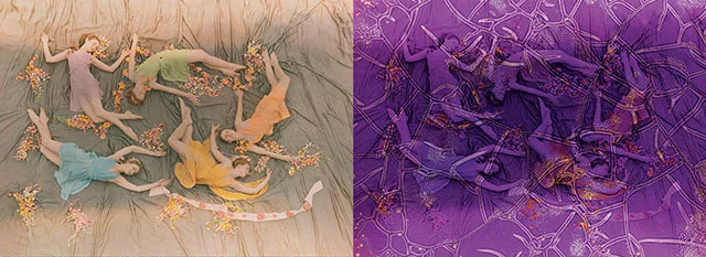 A diptyque of a 1937 photo of a dance performance in Mississippi and the same image transformed by a form of chemical deterioration known as vinegar syndrome.