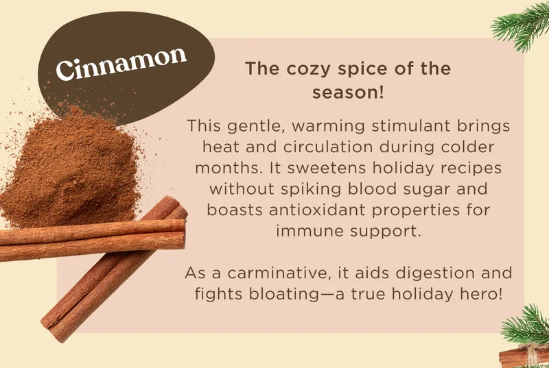 Cinnamon - The cozy spice of the season! This gentle, warming stimulant brings heat and circulation during colder months. It sweetens holiday recipes without spiking blood sugar and boasts antioxidant properties for immune support. As a carminative, it aids digestion and fights bloating--a true holiday hero!