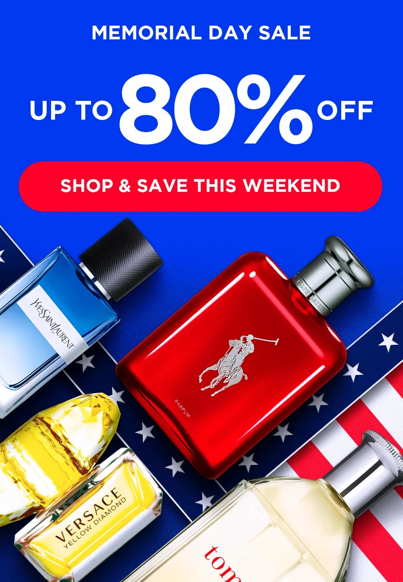 Popular perfume and cologne bottles lay out on a Memorial Day background