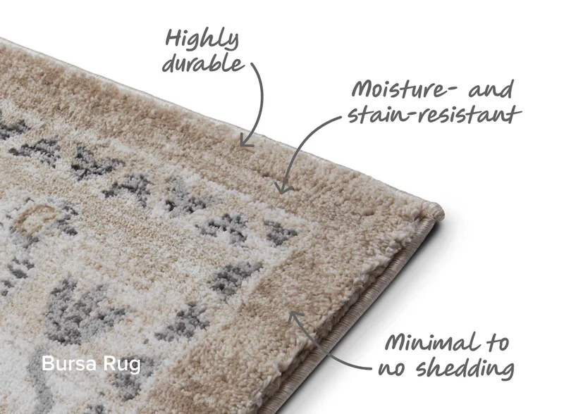 The Bursa Rug: Highly durable, moisture and stain resistant, minimal to no shedding. Shop now.