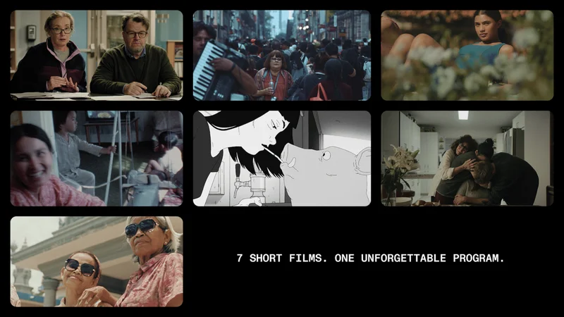 2025 Sundance Film Festival Short Film tour graphic with films stills and copy that says: 7 short films. One unforgettable program.