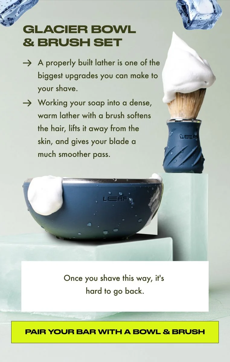 Leaf Shave's limited edition Glacier shave bar with ice cube graphics and promotional text about the product selling out three times