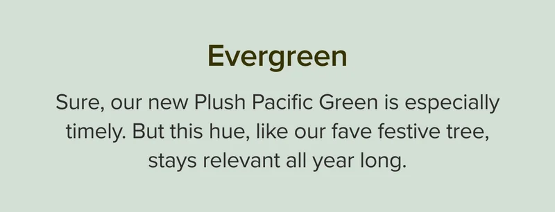 Sure, our new Plush Pacific Green is especially timely. But this hue, like our fave festive tree, stays relevant all year long.
