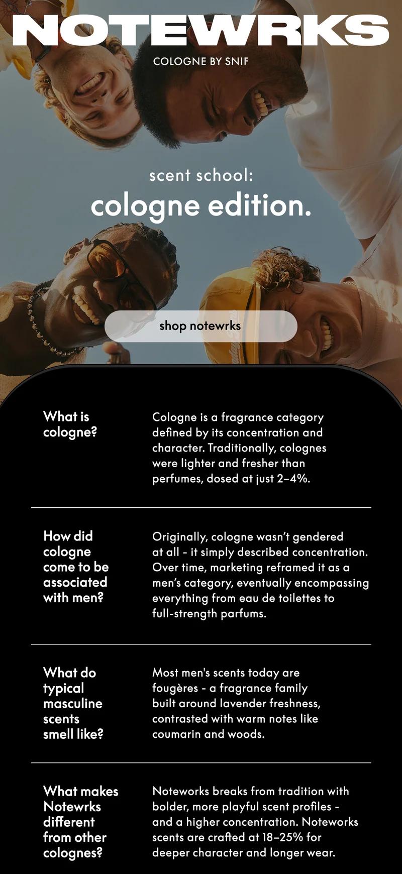 scent school: cologne edition. what is cologne? Cologne is a fragrance category defined by its concentration and character. Traditionally, colognes were lighter and fresher than perfumes, dosed at just 2–4%.  how did cologne come to be associated with men?  Originally, cologne wasn’t gendered at all - it simply described concentration. Over time, marketing reframed it as a men’s category, eventually encompassing everything from eau de toilettes to full-strength parfums.  what do typical masculine scents smell like?  Most men's scents today are fougères - a fragrance family built around lavender freshness, contrasted with warm notes like coumarin and woods.  what makes Notewrks different from other colognes?  Noteworks breaks from tradition with bolder, more playful scent profiles - and a higher concentration. Noteworks scents are crafted at 18–25% for deeper character and longer wear.