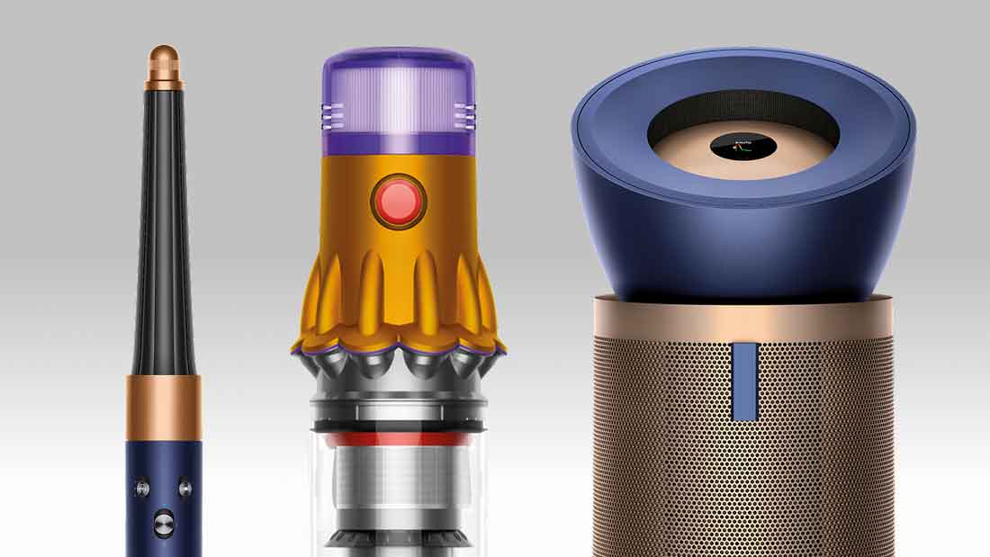 A selection of Dyson machines, including  hair styling devices, cordless vacuums and air purifiers.