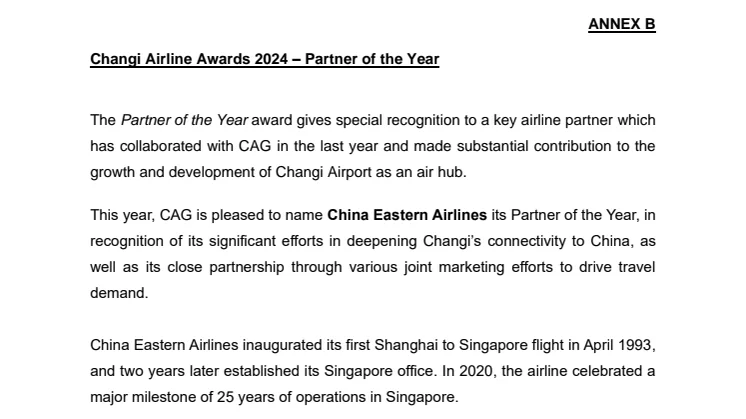 Annex B - Changi Airline Awards 2024 – Partner of the Year