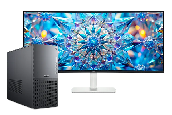 A Dell desktop computer and widescreen monitor with limited-time offers.