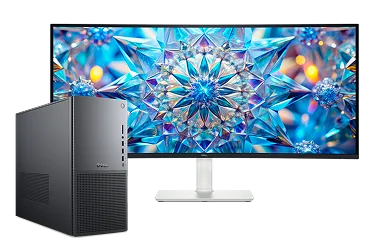 A Dell desktop computer and widescreen monitor with limited-time offers.