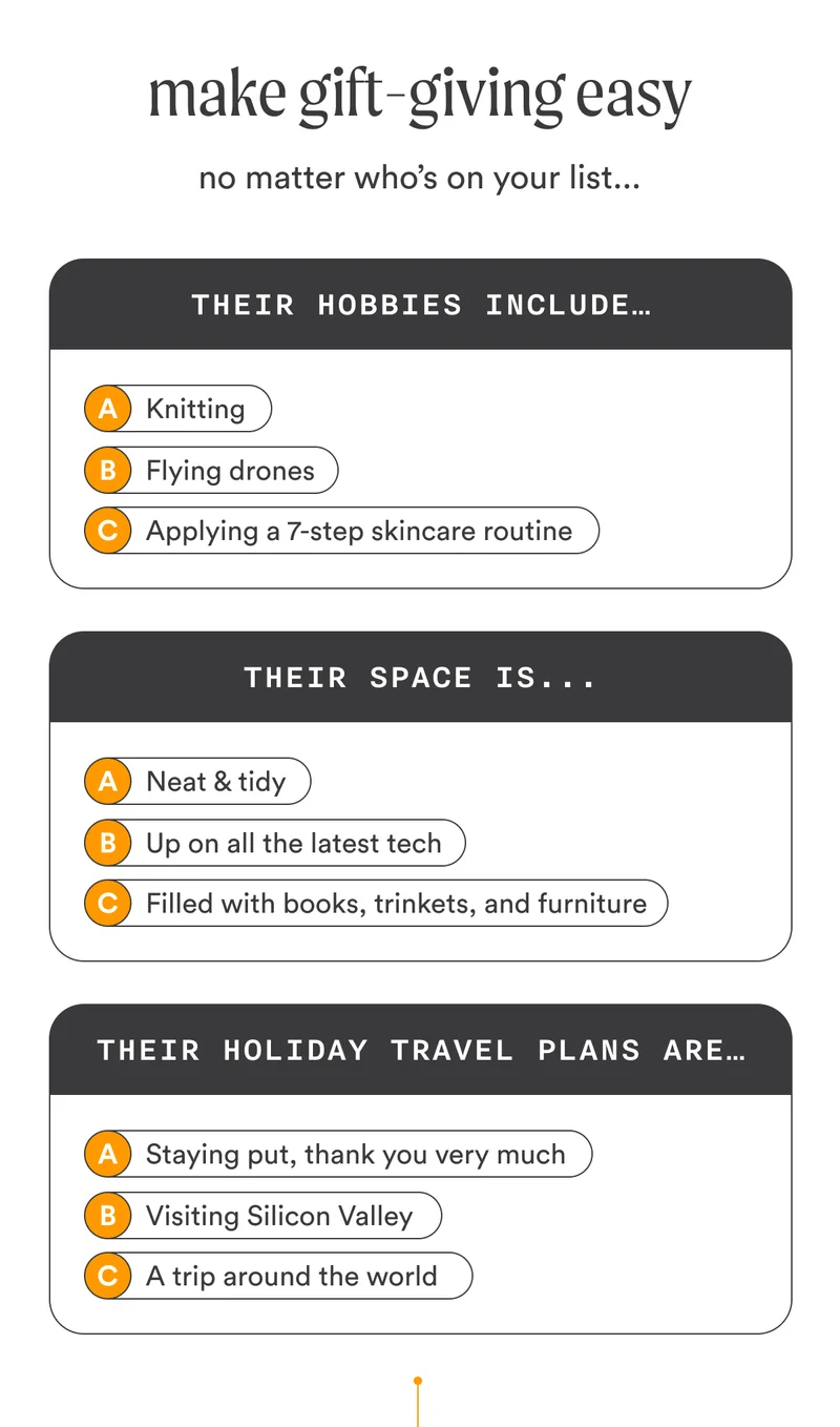 H2: Make Gift-Giving Easy S2: No matter who’s on your list. Their hobbies include… A - Knitting B - Flying drones C - Applying a 7-step skincare routine Their space is… A - Neat & tidy B - Up on all the latest tech C - Filled with books, trinkets, and furniture Their holiday travel plans are… A - Staying put, thank you very much B - Visiting Silicon Valley C - A trip around the world