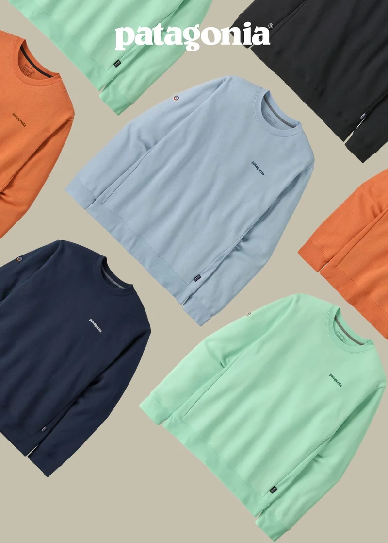 Patagonia. Different colors of crewneck sweatshirts.