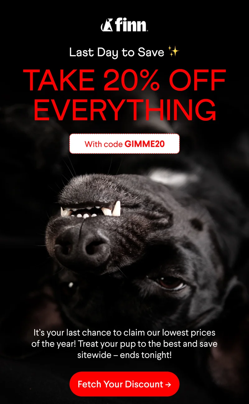 Last day to save! Use code discount code for 20% off everything – ends tonight! Treat your pup to the best and save sitewide | Fetch your discount –>