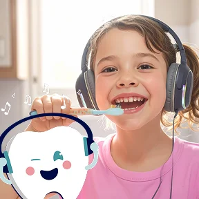 Kid brushing teeth while listening to music