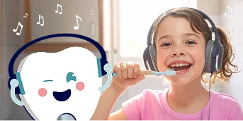 Kid brushing teeth while listening to music
