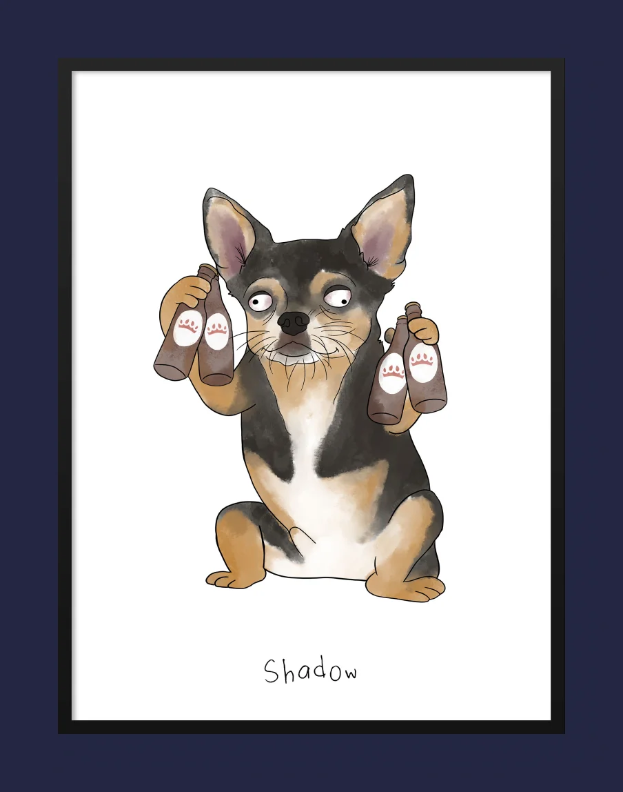 Funny illustration of a dog holding four beer bottles