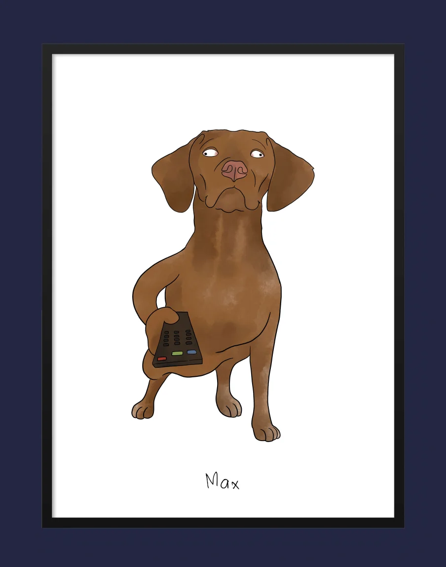 Funny illustration of a dog holding a TV remote