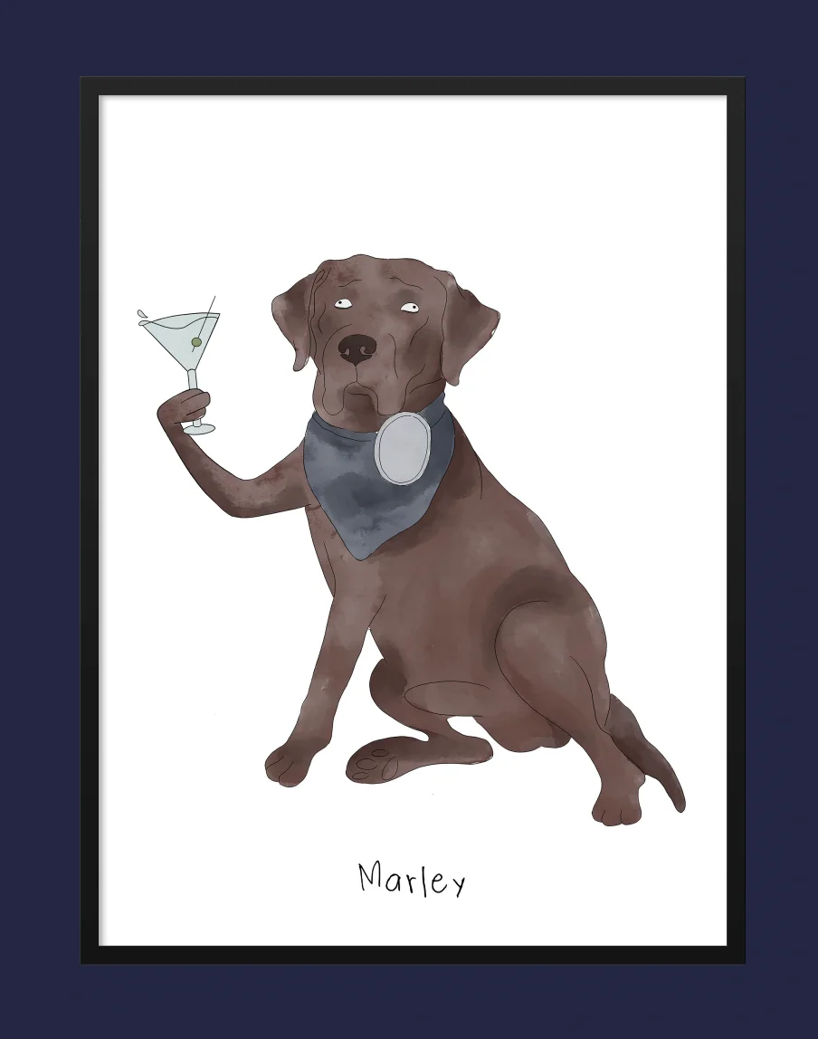 Funny illustration of a dog holding a martini glass