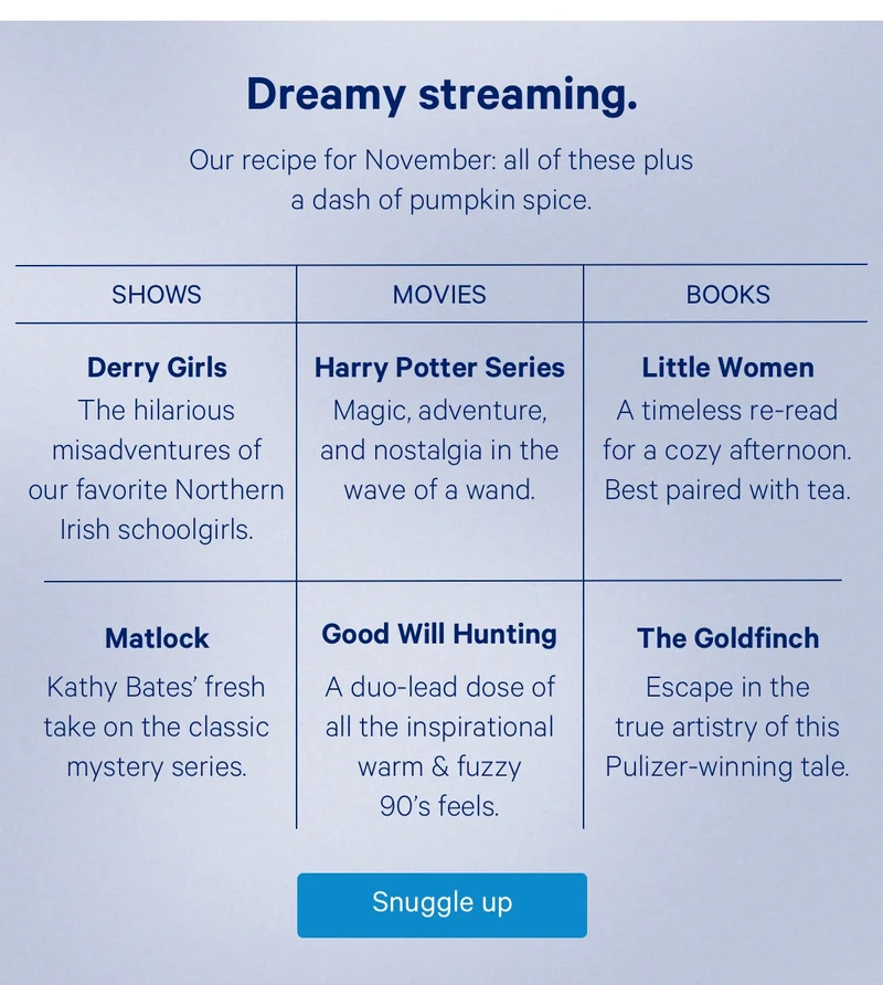 Dreamy streaming. Our recipe for November: all of these plus a dash of pumpkin spice.