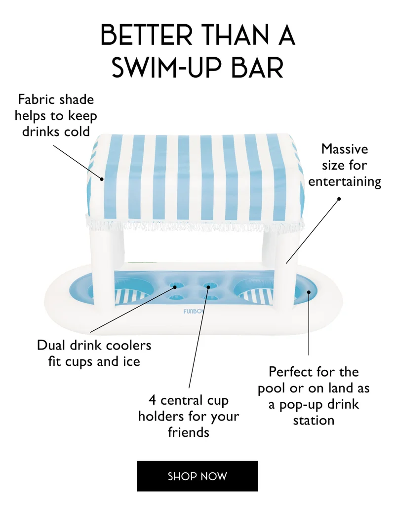Better Than A Swim-Up Bar | Fabric shade helps to keep drinks cold. Massive size for entertaining. Perfect for the pool or on land as a pop-up drink station. 4 central cup holders for your friends. Dual drink coolers fit cups and ice. | SHOP NOW