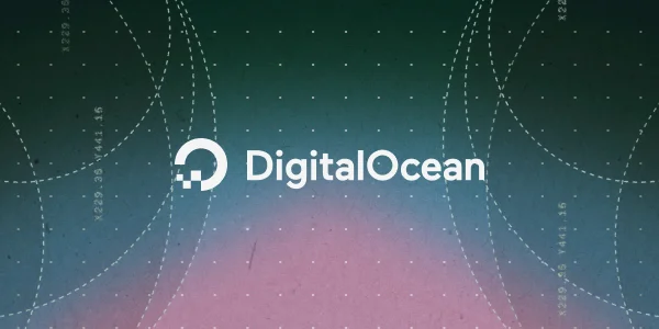 DigitalOcean logo with a stylized cloud icon on a blue-green to pink gradient background with dotted grid and arc patterns.