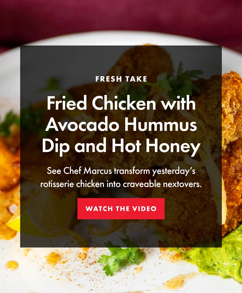 Fried chicken with avocado hummus dip and hot honey. Watch the video.