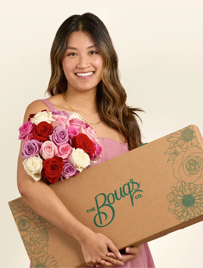 Image of flowers delivered in a Bouqs box.