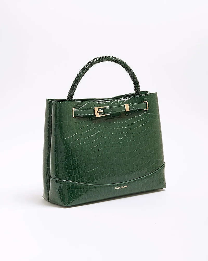 Green Croc Print Embossed Buckle Tote Bag
