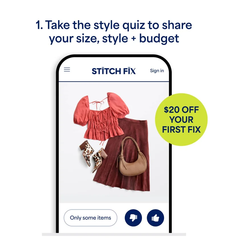 1. Take the style quiz to share your size, style + budget. $20&nbsp;OFF&nbsp;YOUR&nbsp;FIRST FIX.