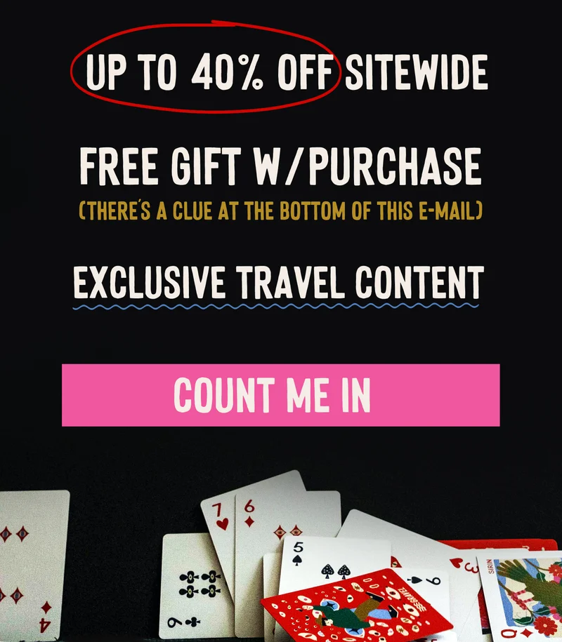 up to 40% off, free gift, travel content