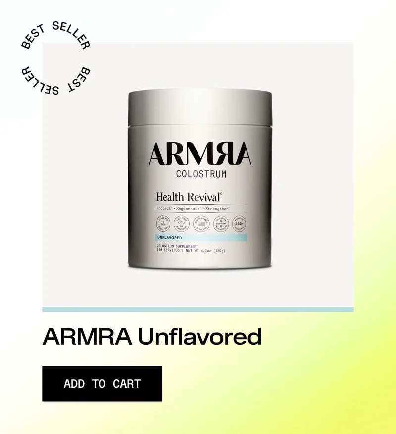 ARMRA Colostrum Health Revival jar labeled “Unflavored” with an Add to Cart button below.