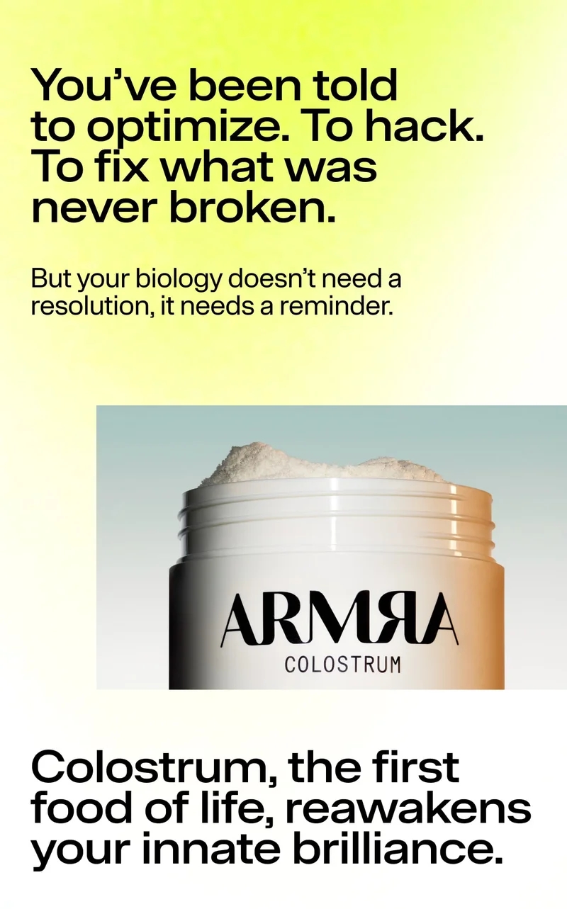 ARMRA Colostrum jar beneath bold text about rediscovering your innate brilliance, set on a soft yellow background.