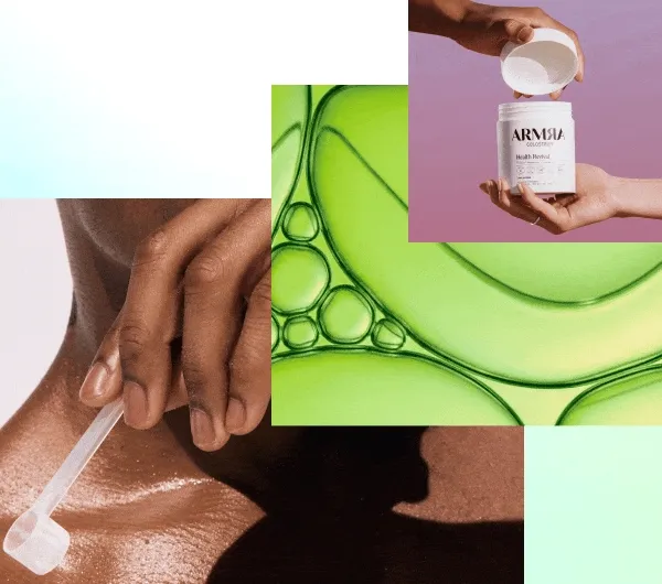 Close-up collage showing hands using a scoop, abstract green liquid textures, and hands holding an open jar of ARMRA Colostrum.