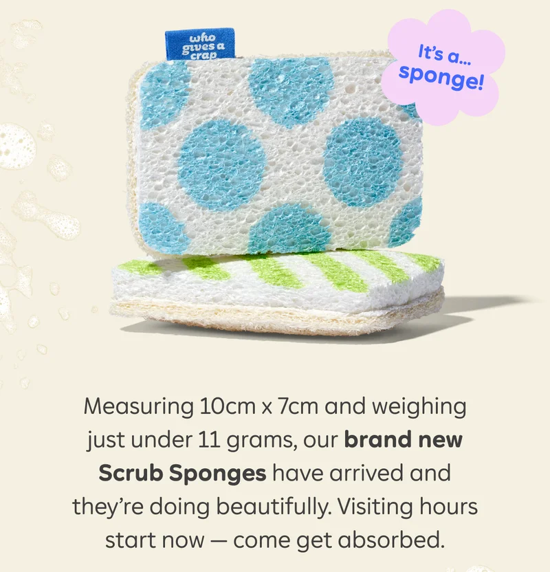 It's a...Sponge! Measuring 10cm x 7cm and weighing just under 11 grams, our brand new Scrub Sponges have arrived and they’re doing beautifully. Visiting hours start now — come get absorbed.