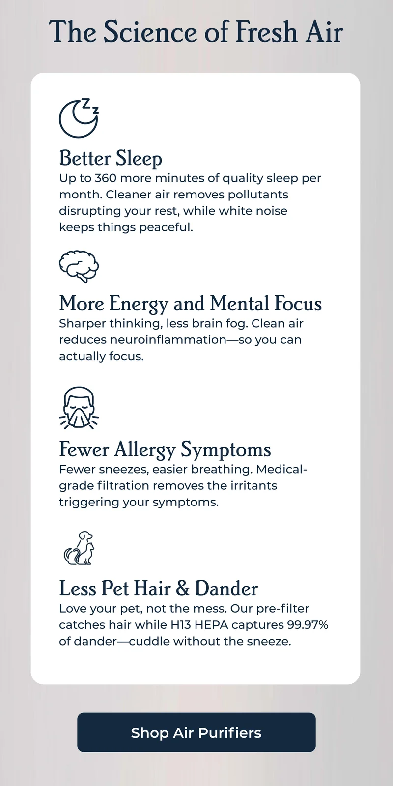 The Science of Fresh Air Better Sleep Up to 360 more minutes of quality sleep per month. Cleaner air removes pollutants disrupting your rest, while white noise keeps things peaceful.
