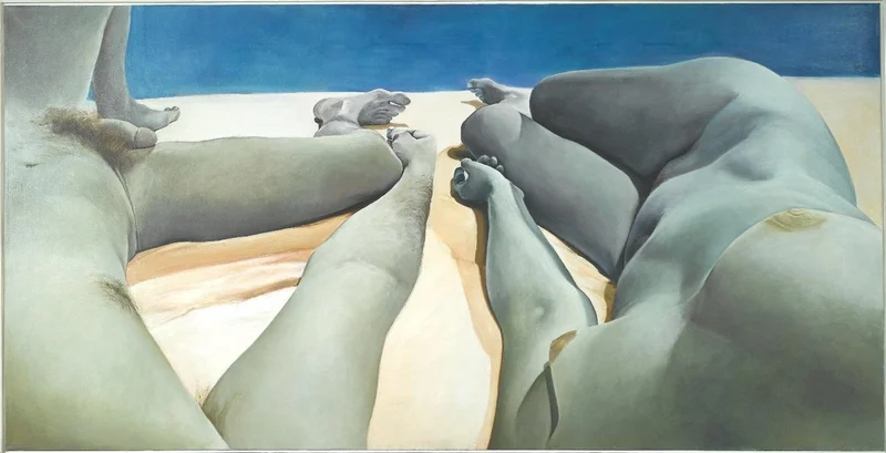 Painting of two nude people with greenish skin tone on top of tan sheets