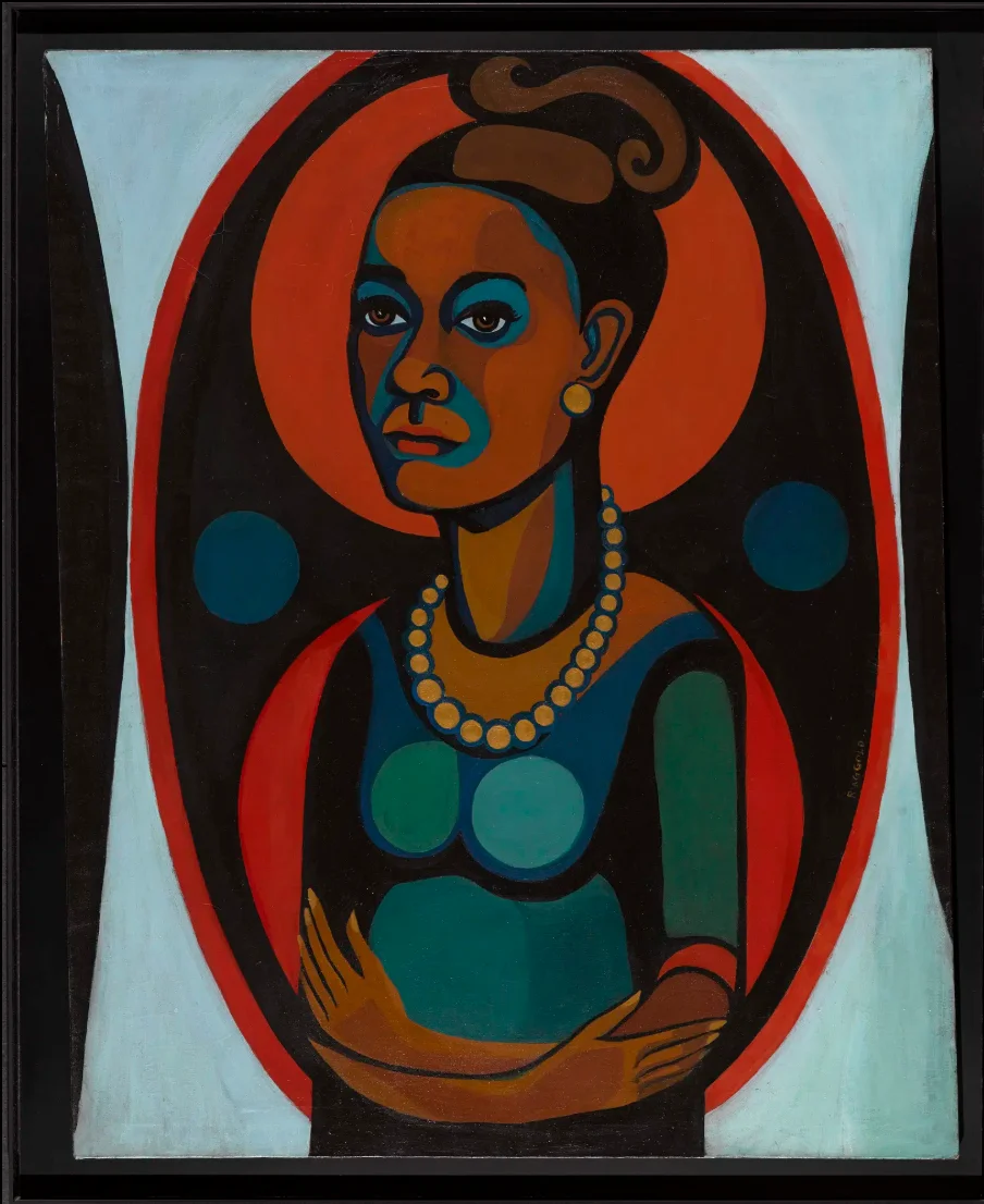 Modernist portrait painting of a person with brown skin, pearl necklace, and upswept hair against a red oval
