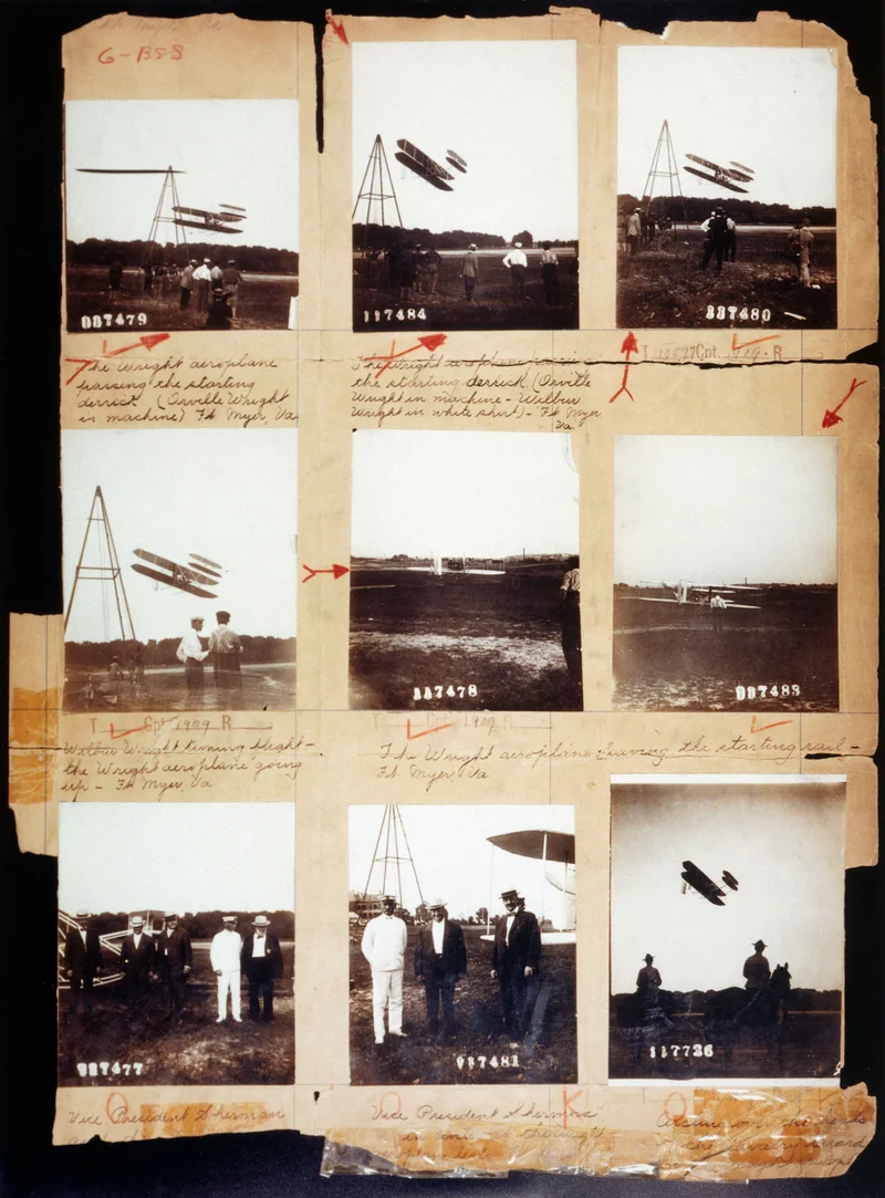 Orville Wright demonstrates a Wright Model A during Army trials at Fort Myer, Virginia, 1908-1909. Several frames show the derrick-style catapult used to launch the aircraft.