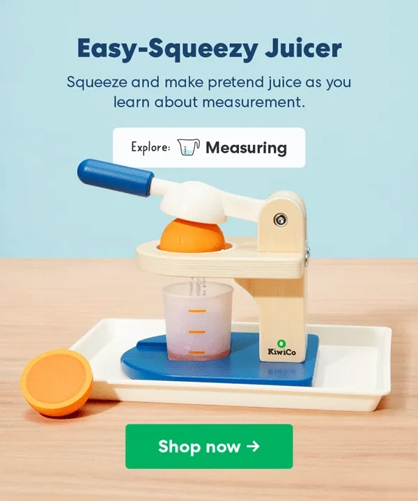 ooden juicer toy with an orange slice, demonstrating pretend play juice making. Text: ''Squeeze and make pretend juice as you learn about measurement.''