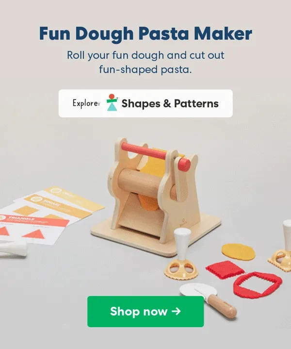 A wooden pasta maker toy with pretend dough and shape cutters. Text: ''Roll your fun dough and cut out fun-shaped pasta.''
