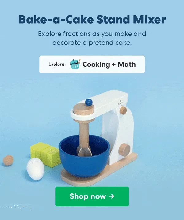 Wooden stand mixer toy with a blue bowl and wooden measuring cubes. Text: ''Explore fractions as you make and decorate a pretend cake.''
