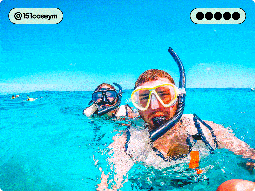 Image Description: A gif of various traveler photos including two people snorkeling, a person underwater near a sea turtle, five people on a boat, and people kayaking.