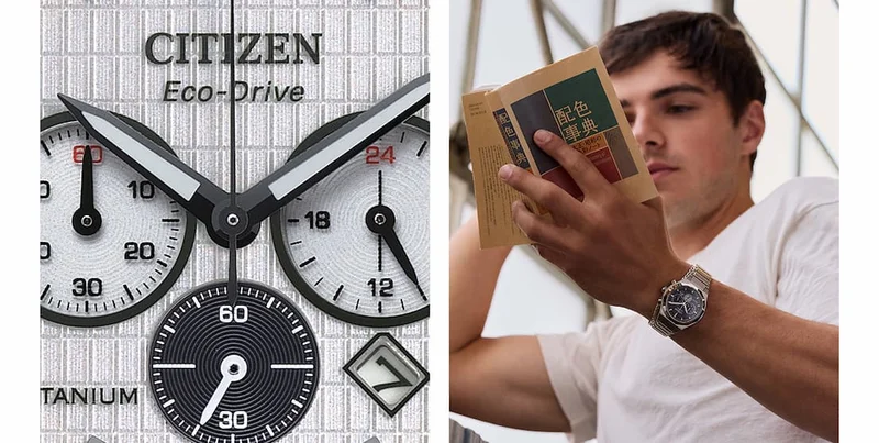 Close up detail of the white dial Zenshin Senkei and an image of a man reading and wearing a blue dial Zenshin Senkei