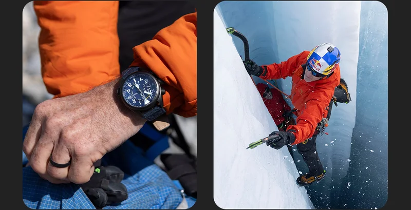 Promaster Will Gadd of Team Land repels a glacier with his Promaster Alchitron watch.