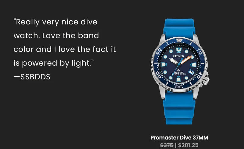 “Really very nice dive watch. Love the band color and I love the fact it is powered by light.” – “SSBDDS”