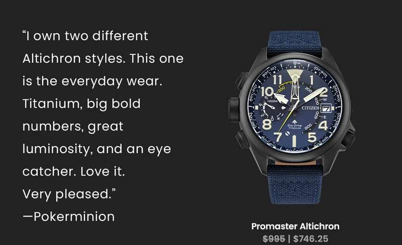 “I own two different Altichron styles. This one is the everyday wear. Titanium, big bold numbers, great luminosity, and an eye catcher. Love it. Very pleased.” – Pokerminion